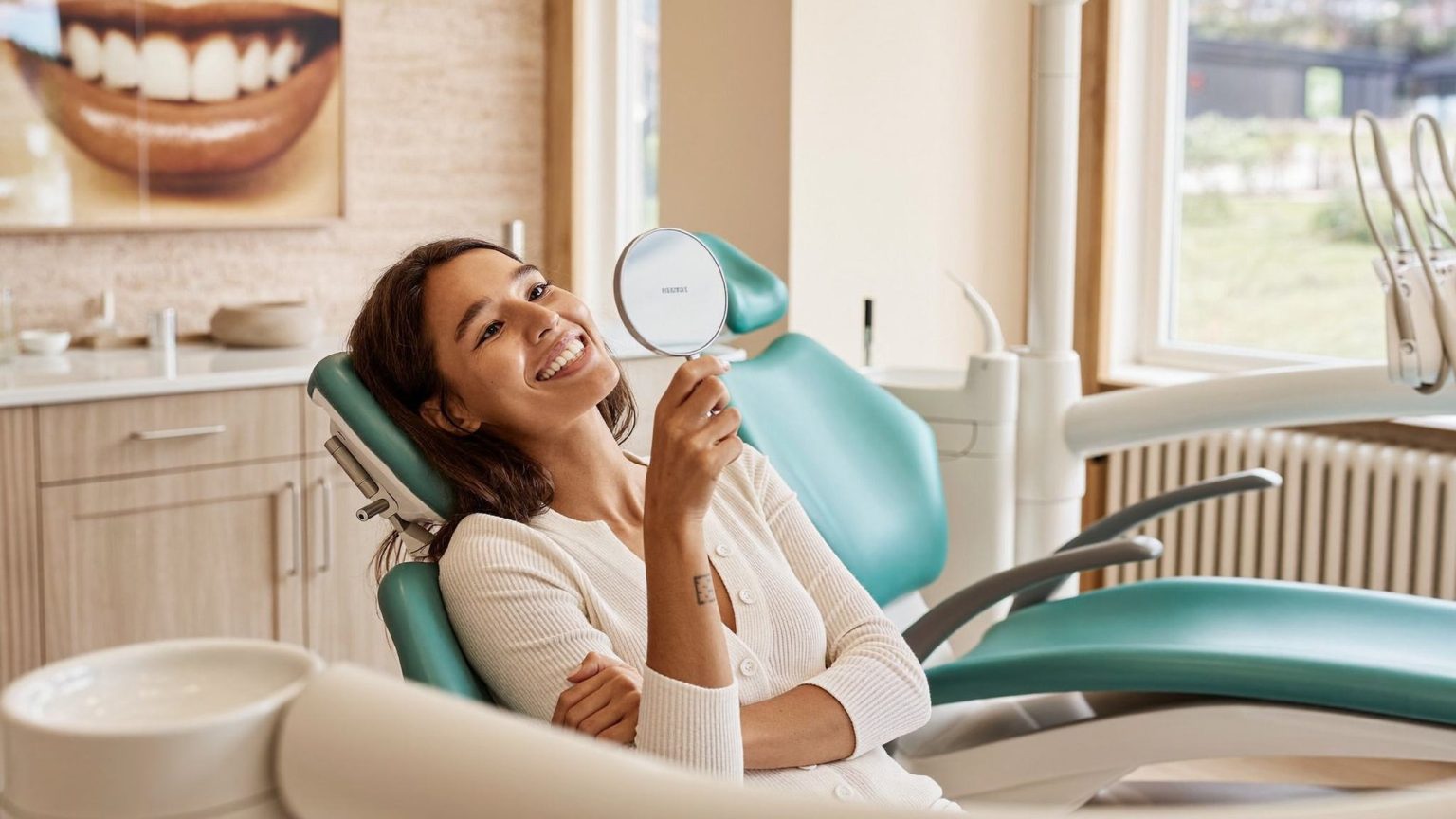 Smiling woman checking her teeth in a hand mirror in the dental chair