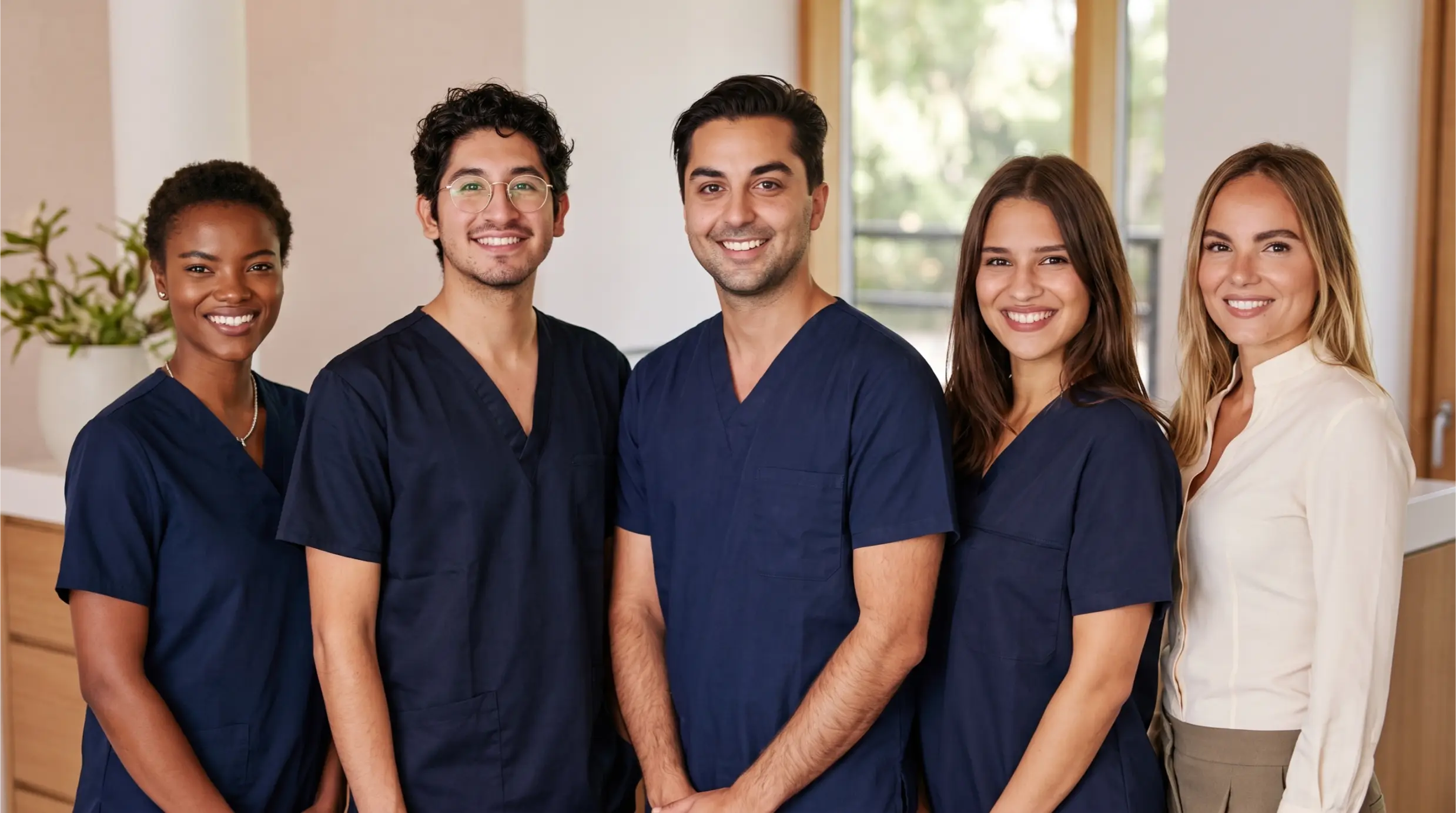 Dental team of five in navy scrubs