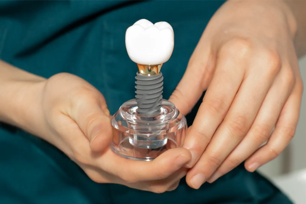 Dental implant model with a crown held in cupped hands