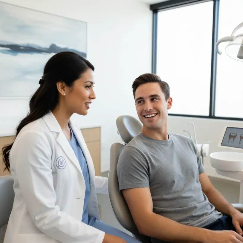 Dentist in a white coat talking with a patient in the dental chair